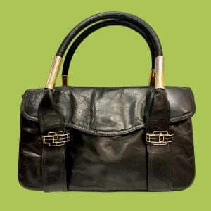 Vintage Crown Lewis Black Leather Top Handle Handbag Made in Italy