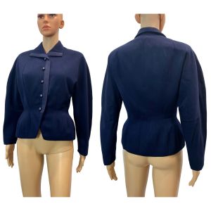 40s Blue Gabardine Jacket | Blazer w Rhinestone Buttons & Ribbon Trim - Fashionconservatory.com