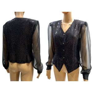 80s Black Sparkle Sheer Sleeve Tuxedo Evening Top - Fashionconservatory.com
