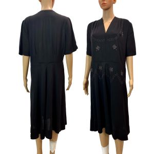 40s Black Rayon Midi Dress w Rhinestones & Studs  - Fashionconservatory.com