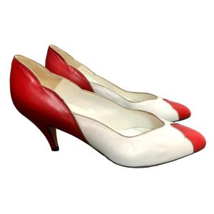 80s White & Red Leather Spectator Pumps Italy | 7M