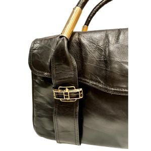 Vintage Crown Lewis Black Leather Top Handle Handbag Made in Italy - Fashionconservatory.com