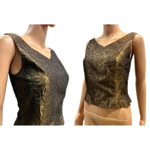 90s Y2K Bronze V Neck Beaded Formal Top / Sleeveless Shell - Fashionconservatory.com