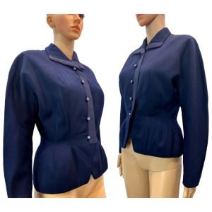 40s Blue Gabardine Jacket | Blazer w Rhinestone Buttons & Ribbon Trim