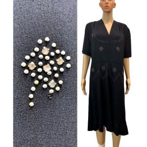 40s Black Rayon Midi Dress w Rhinestones & Studs 