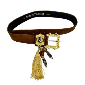 1994 Dark Caramel Suede Tassel Belt Gold Ornate Buckle S/M