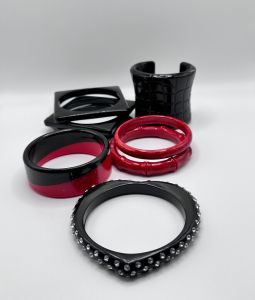 Vintage Lot of 7 Red and Black Plastic Bangles, Pono Cuff, Rhinestone Heart, Square, Carved 