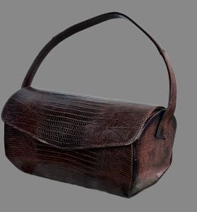 Vintage 50s Brown Faux Reptile Barrel Shaped Box Handbag - Fashionconservatory.com