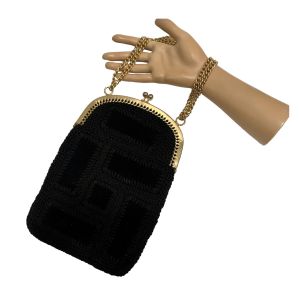 70s Black Suede & Crochet Patchwork Bag w Gold Chain + Frame | Italy 