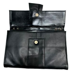 80s Large Black Leather Envelope Clutch with Buckle - Fashionconservatory.com