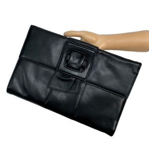 80s Large Black Leather Envelope Clutch with Buckle