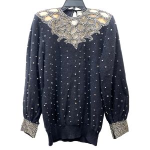 80s Black Trophy Statement Sweater with Beading and Pearls - Fashionconservatory.com