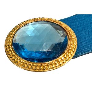 80s Bright Blue Wide Stretch Belt w Gold & Blue Faceted Gem Buckle - Fashionconservatory.com