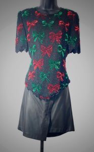 80s Beaded Bow Blouse, Sequins on Silk Christmas Color Holiday Top