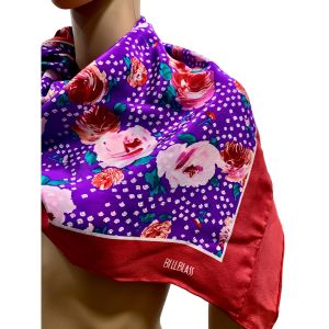80s Purple Red Floral Silk Scarf  | 35'' x 35''