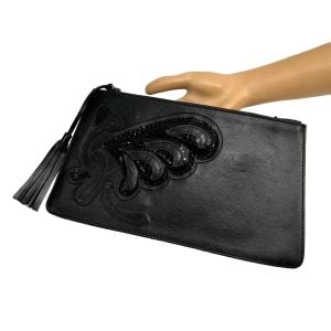 Y2K Black Leather & Snakeskin Embossed Clutch w Tassel