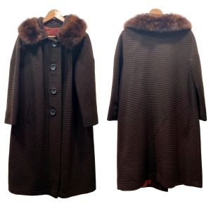 60s Brown Ribbed Wool Coat w Mink Collar  - Fashionconservatory.com