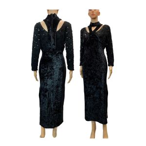 80s Black Crushed Velvet Midi Dress with Sheer Sequined Bodice and Bondage Straps - Fashionconservatory.com