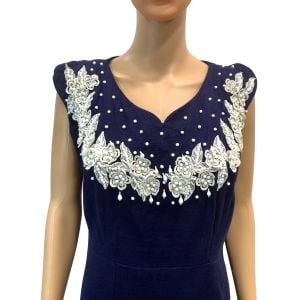 50s Dark Blue Linen Dress w Floral Lace Rhinestone & Bead Trim 