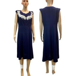 50s Dark Blue Linen Dress w Floral Lace Rhinestone & Bead Trim  - Fashionconservatory.com