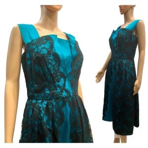 60s European Teal Lace and Silk Cocktail Dress 