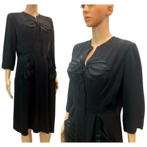 1940s Black Dress w Satin Detail & Pockets 