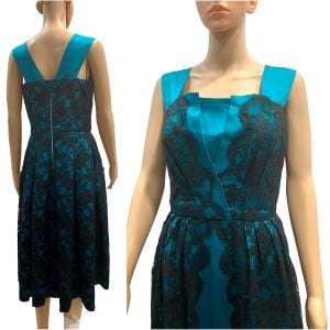 60s European Teal Lace and Silk Cocktail Dress  - Fashionconservatory.com