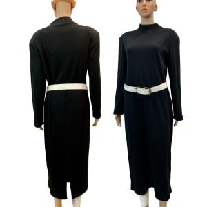 80s Minimalist Long Sleeve Mock Neck Knit Midi Dress 