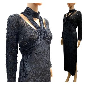 80s Black Crushed Velvet Midi Dress with Sheer Sequined Bodice and Bondage Straps