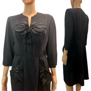 1940s Black Dress w Satin Detail & Pockets  - Fashionconservatory.com