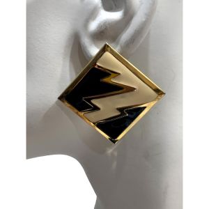 80s Large Enamel Lightning Bolt Earrings | Dk Blue Cream & Gold Pierced | 1.25'' Square - Fashionconservatory.com