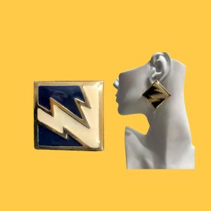 80s Large Enamel Lightning Bolt Earrings | Dk Blue Cream & Gold Pierced | 1.25'' Square