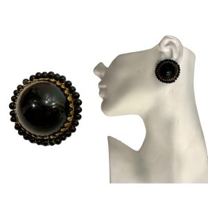 40s Large Black Plastic Domed Clip On Earrings 