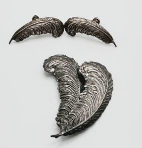 Vintage 50s Sterling Silver Feather Brooch and Matching Earrings by Beau Sterling, Demi Parure