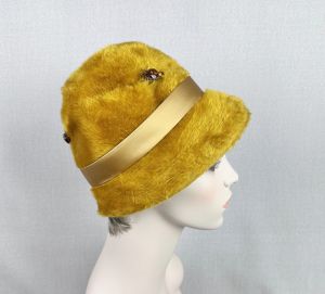 Vintage 70s Mustard Faux Fur Hat with Rhinestone Bees - Fashionconservatory.com