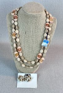 Vintage 50s Demi Parure Beige Lucite Double Strand Necklace and Beaded Clip On Earrings, Married Set - Fashionconservatory.com
