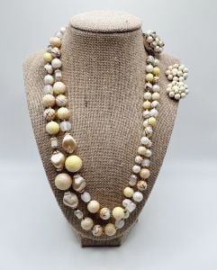 Vintage 50s Demi Parure Beige Double Strand Necklace and Beaded Clip On Earrings, Married Set