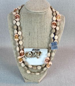 Vintage 50s Demi Parure Beige Lucite Double Strand Necklace and Beaded Clip On Earrings, Married Set