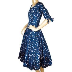 Vintage 1950s Party Dress Blue Silk Taffeta with Floral Print Size Small - Fashionconservatory.com