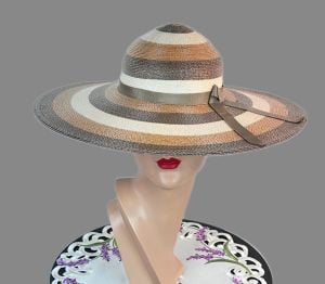 Vintage Wide Circle Brim Straw Hat by Bellini, Taupe, Tan and Cream