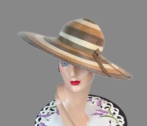 Vintage Wide Circle Brim Straw Hat by Bellini, Taupe, Tan and Cream - Fashionconservatory.com