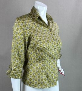 Vintage 1950s Gold Pattern Polished Cotton Button Front Blouse by Best & Company, B34 - Fashionconservatory.com