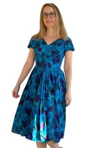 50s Floral Dress Blue Print Summer Fit Flare XS