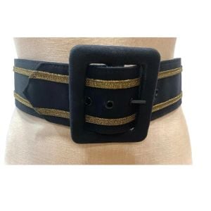 70s 80s Glam Wide Black Fabric Belt with Gold Stripe & Large Buckle 
