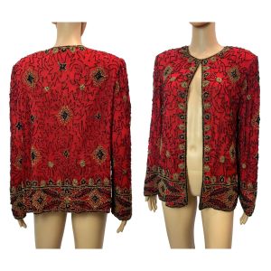 New Vintage Red Silk Beaded Jacket | Heavy Beading | Formal Evening Wear