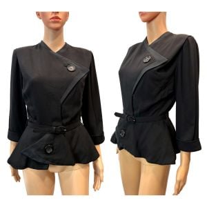 80s Black Asymmetrical Peplum Jacket – Sharp Shoulders, Cinched Waist, Avant Garde Power Blazer