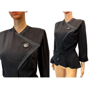 80s Black Asymmetrical Peplum Jacket – Sharp Shoulders, Cinched Waist, Avant Garde Power Blazer - Fashionconservatory.com
