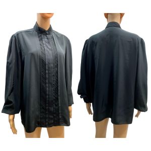 70s Fancy Black High Collar Silky Secretary Blouse  - Fashionconservatory.com