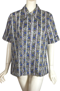 70s Deadstock Shirt Blue Roses Stripe Floral Blouse Short Sleeve by Ship 'n Shore 