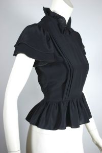 70s Backless Top Black Ruffled Peplum Silk Blouse - Fashionconservatory.com